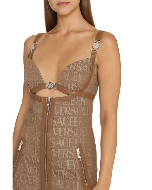Versace Brown Versatile Monogram Mini Dress With Leather Trims