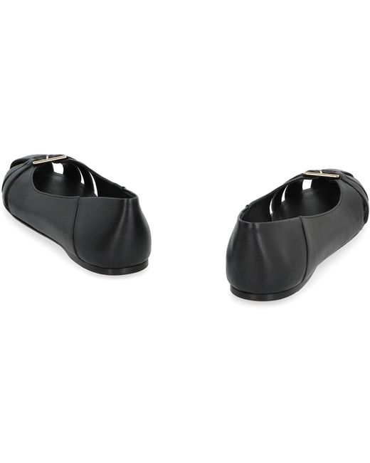 Ferragamo Black Elegant Leather Ballet Flats With Cut-Out Design