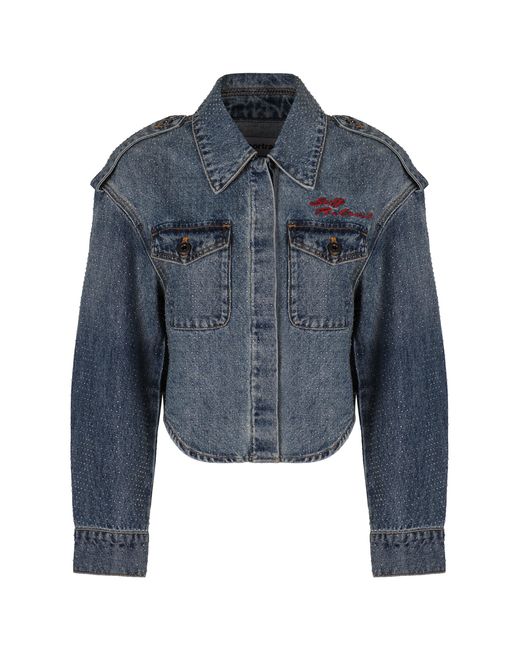 Self-Portrait Blue Denim Jacket With Rhinestones