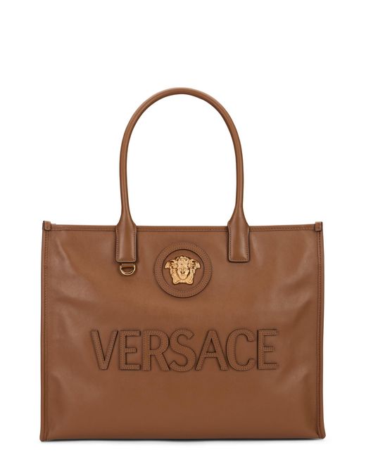 Versace Brown Leather Tote Bag With Medusa Plate