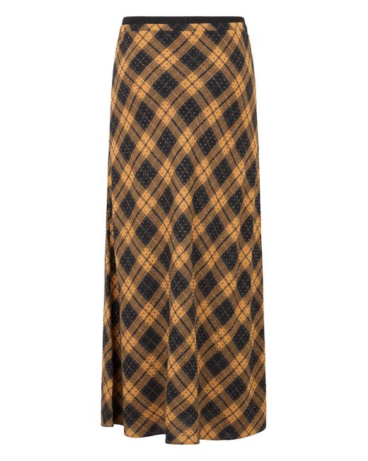 Pinko Natural Long Dress With Checks And Rhinestones