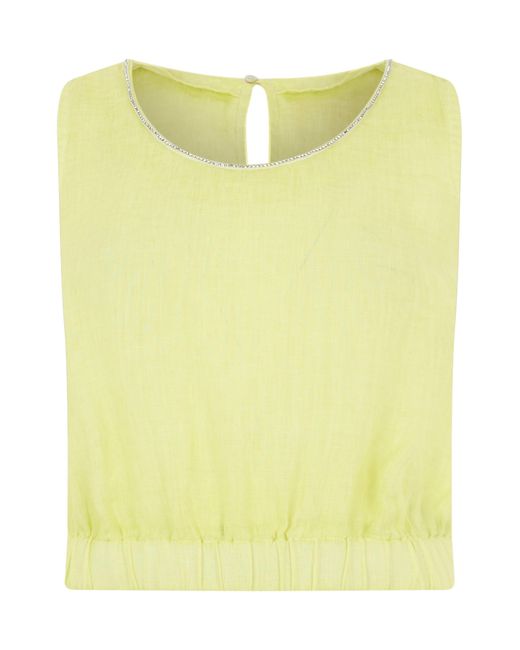 120% Lino Yellow Sleeveless Linen Top With Rhinestones