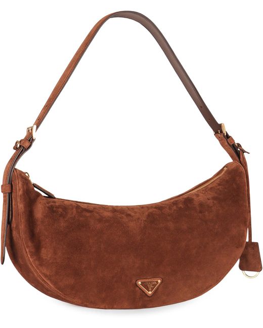Borsa a spalla Demi-lune large in pelle scamosciata di Prada in Brown
