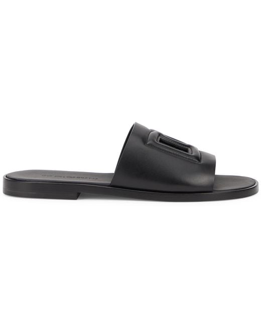Dolce & Gabbana Black Leather Slippers With Logo for men