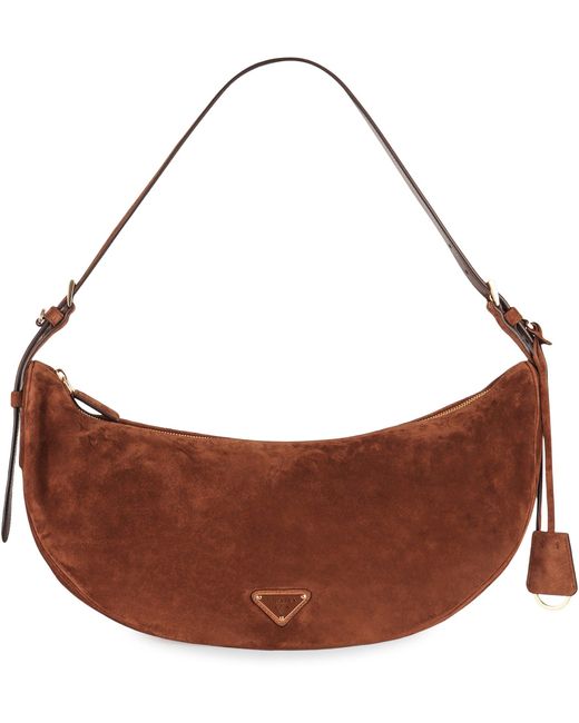 Borsa a spalla Demi-lune large in pelle scamosciata di Prada in Brown