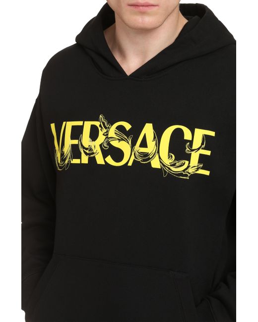 Versace Black Cotton Hoodie With Contrasting Logo Print for men