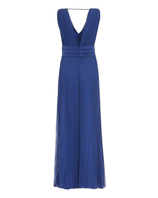 Max Mara Blue Deep V-Neck Pleated Jumpsuit For
