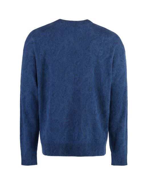 Etro Blue Stylish Wool Sweater For With Paisley Motif And Ribbed Edges for men