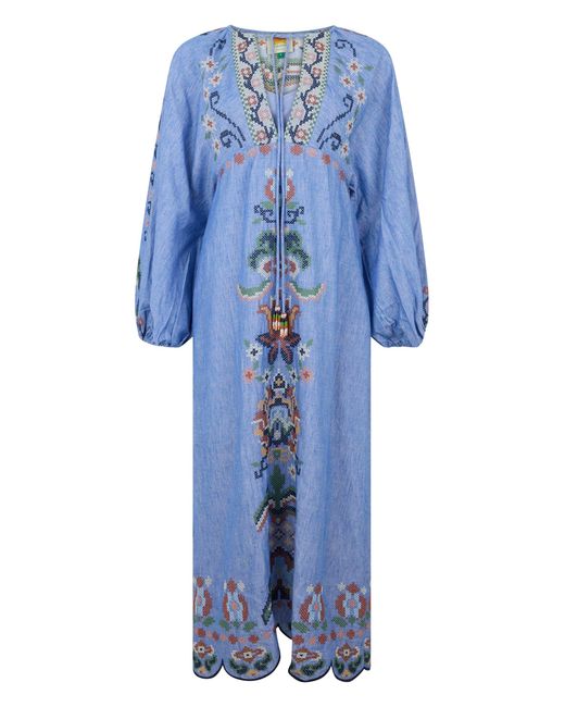 Farm Rio Blue Maxi Dress With Floral Embroidery