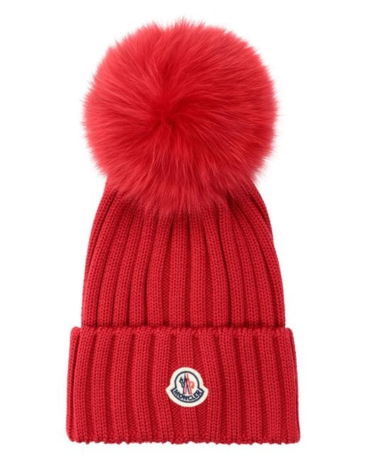 Moncler Red Fur Pom-pom Logo Knit Beanie