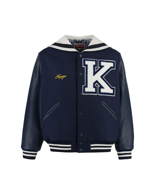 KENZO Blue Wool And Leather Bomber Jacket for men