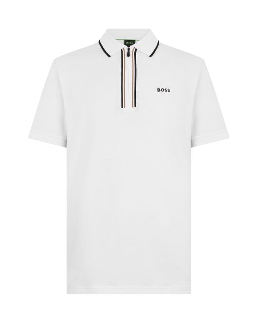 Boss White Stretch Cotton Polo With Zip for men