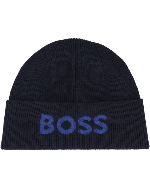Boss Blue Knit Cap With Logo for men
