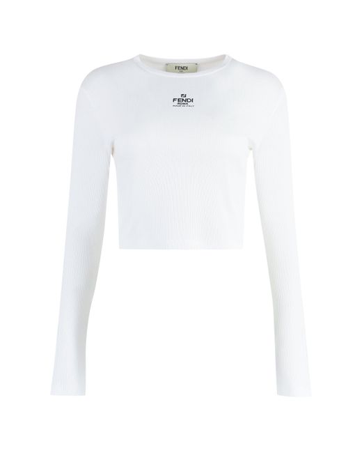 Fendi White Long Sleeve Cotton T-shirt