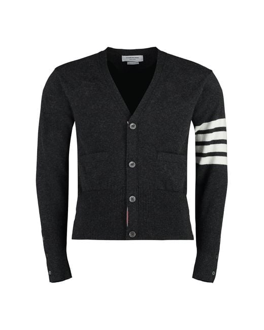 Thom Browne Black Cashmere Cardigan With Side Slits And Tricolor Detail For for men