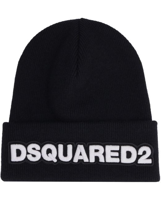 DSquared² Black Ribbed Knit Beanie for men