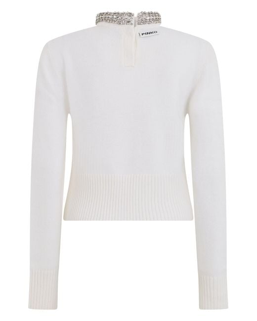 Pinko White Sweater With High Collar Embellished