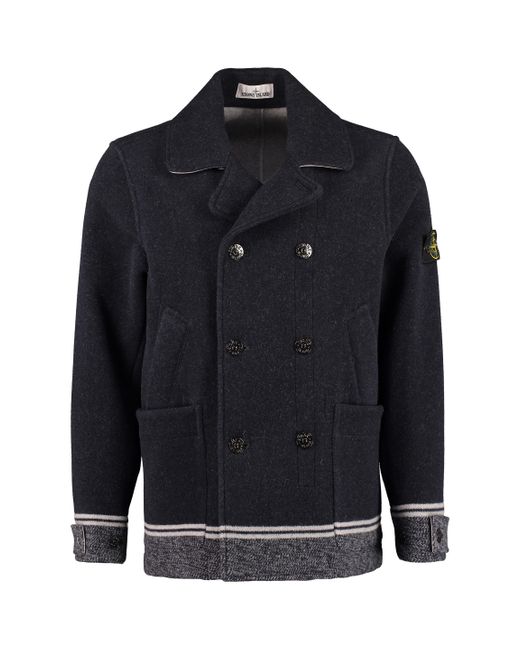Stone Island Wool Blend Double-breasted Coat in Blue for Men | Lyst