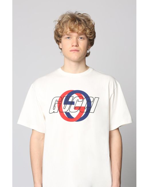 T-shirt in cotone con stampa di Gucci in White da Uomo