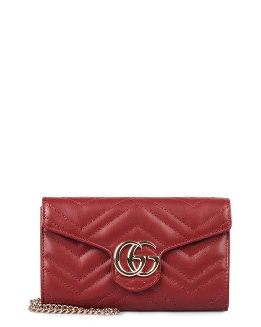 Gucci Womens Red Gg Marmont Leather Wallet On Chain