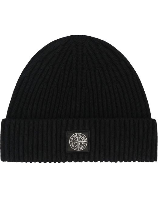 Stone Island Black Ribbed Wool Beanie for men