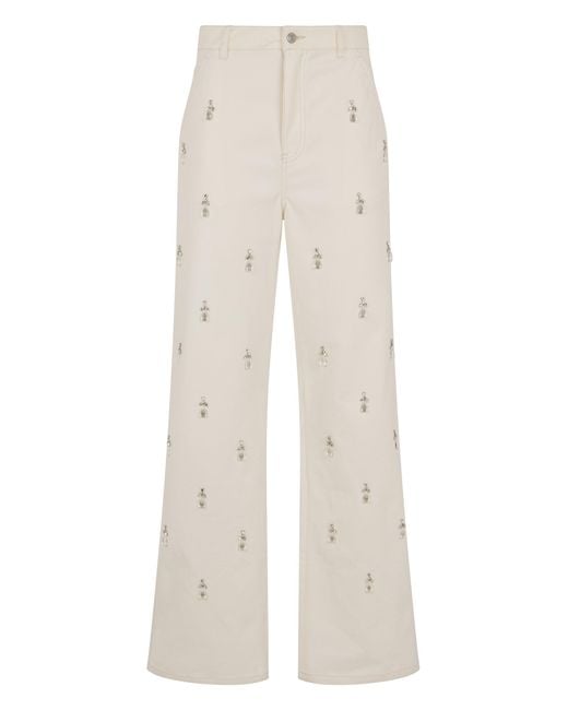 Des Phemmes White Loose Pants With Jewelry Stones