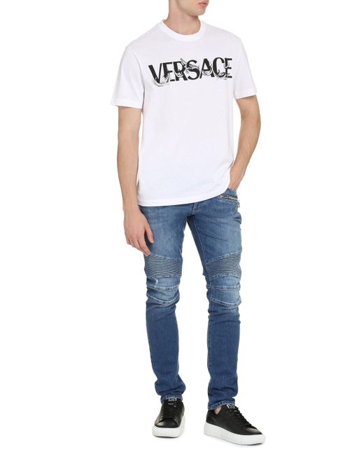 Maglietta del logo di cotone di Versace in White da Uomo