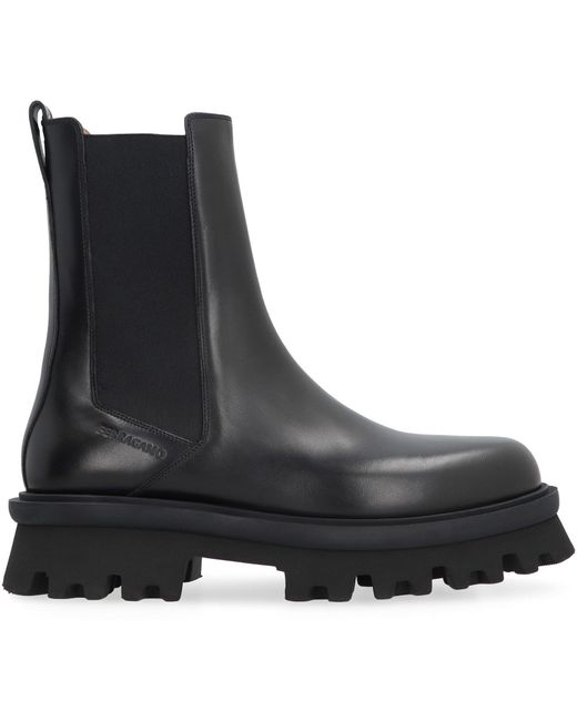 Ferragamo Black Leather Chelsea Boots With Lug Sole for men