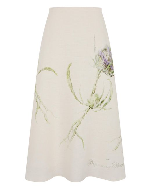 Alberta Ferretti White Linen Midi Skirt With Print