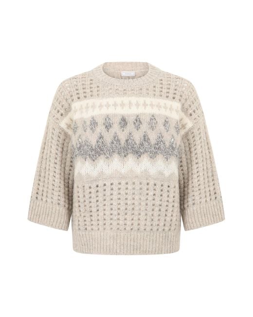 Peserico White Loose Sweater With Geometric Patterns