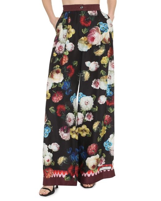 Dolce & Gabbana Black Floral-print Wide-leg Silk-satin Trousers