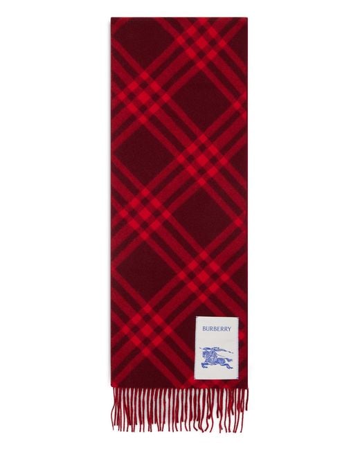 Burberry Red Cashmere Plaid Scarf With Fringed Ends