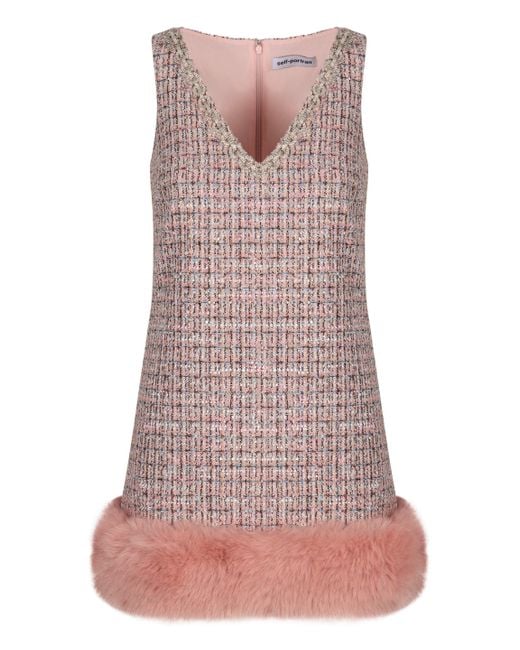 Self-Portrait Pink Bouclé Mini Dress With Faux Fur Hem