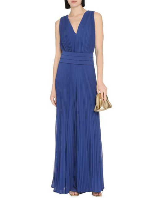 Max Mara Blue Deep V-Neck Pleated Jumpsuit For