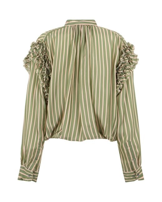 Dries Van Noten Green Striped Blouse With Ruffles