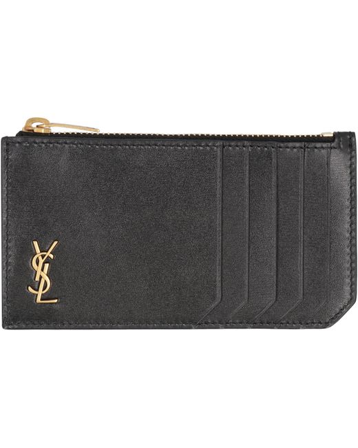Saint Laurent Gray Fragments Tiny Cassandre Smooth Leather Card Holder for men