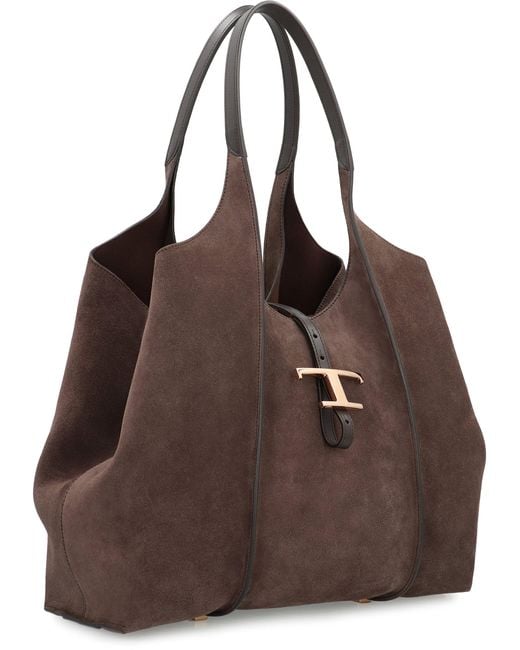 Tod's Brown T Timeless Media Suede Tote