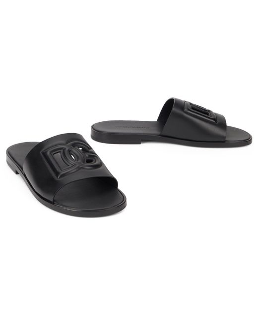 Dolce & Gabbana Black Leather Slippers With Logo for men