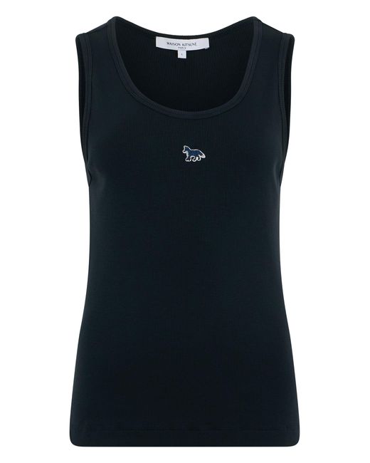 Maison Kitsuné Blue Top With Ribbing And Embroidery