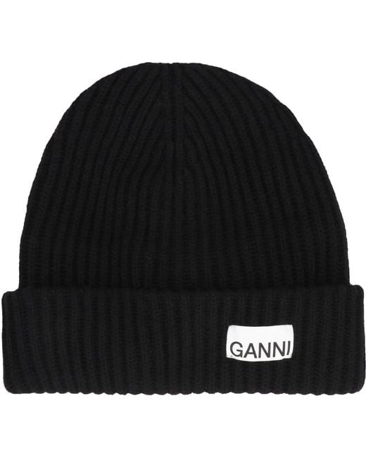 Ganni Black Ribbed Knit Beanie