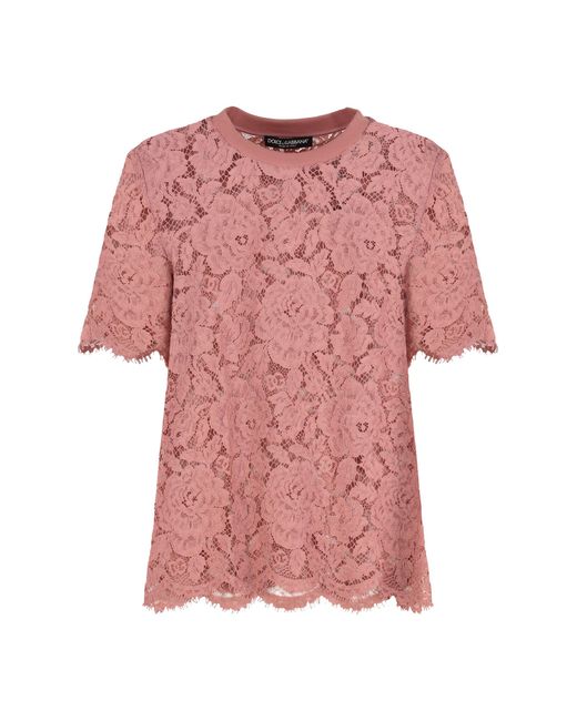 Dolce & Gabbana Pink Dolce & Gabbana Lace Crew-Neck T-Shirt