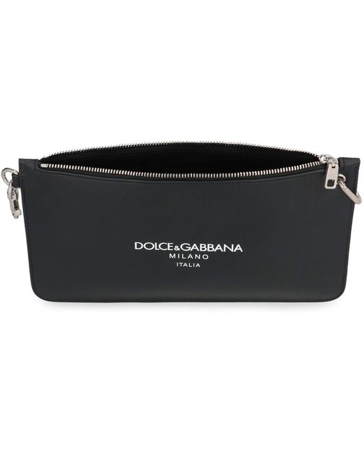 Dolce & Gabbana Black Premium Leather Flat Pouch Handbag for men
