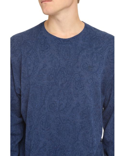 Etro Blue Stylish Wool Sweater For With Paisley Motif And Ribbed Edges for men