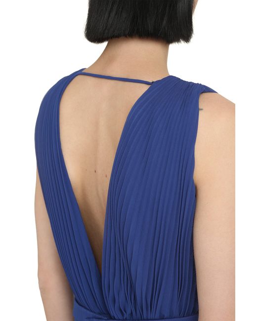 Max Mara Blue Deep V-Neck Pleated Jumpsuit For