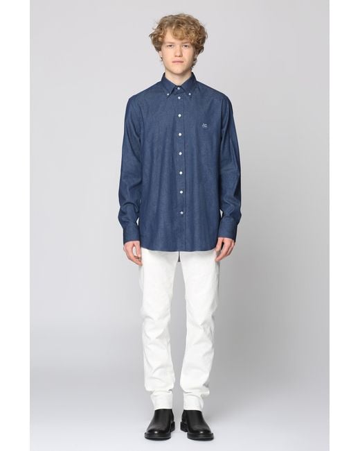 Etro Blue Button-Down Collar Cotton Shirt for men