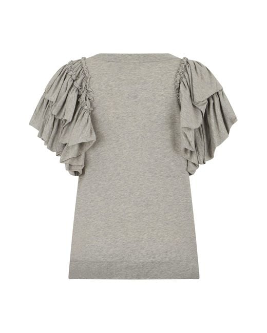 Dries Van Noten Gray Cotton T-Shirt With Ruffles