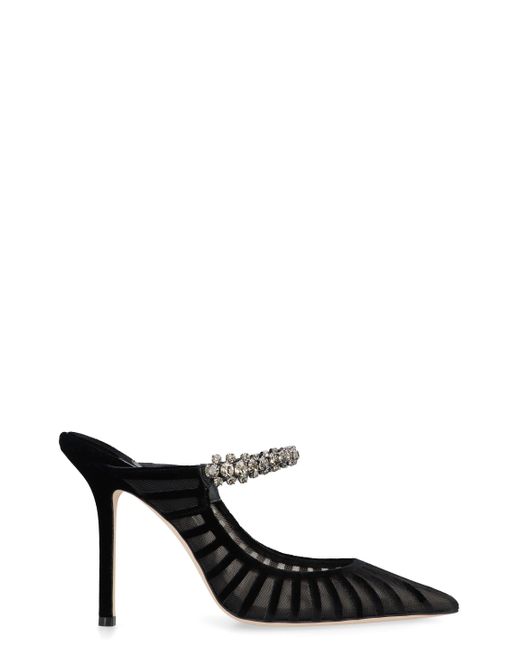Jimmy Choo Black Flocked Velvet Striped Mesh Bing 100 Pumps With Crystals