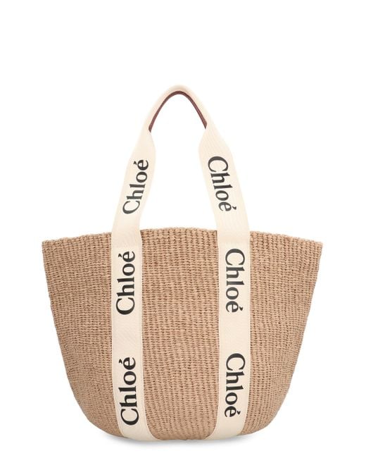 Chloé Natural Striped Linen Woody Tote Bag