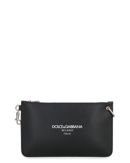 Dolce & Gabbana Black Premium Leather Flat Pouch Handbag for men