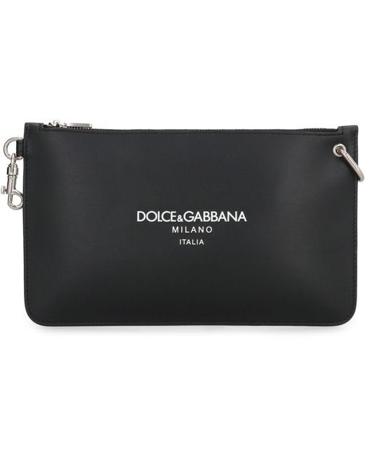 Dolce & Gabbana Black Premium Leather Flat Pouch Handbag for men